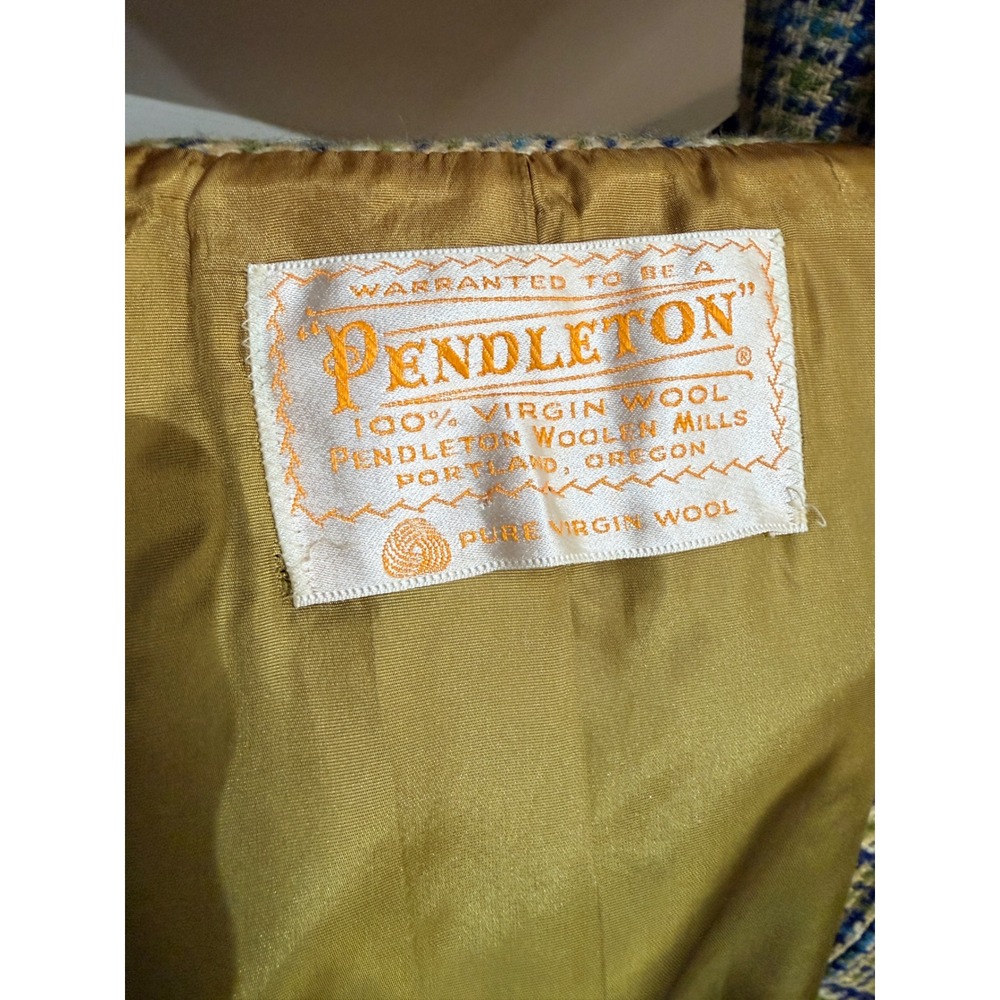 Vintage 60s Pendleton 3pc Wool Skirt Suit Blue Green Houndstooth Plaid Size 16 - Picture 7 of 10